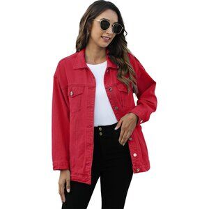 Women's Oversized Mid Long Denim Jacket Jean Biker Coat Long Sleeves Red